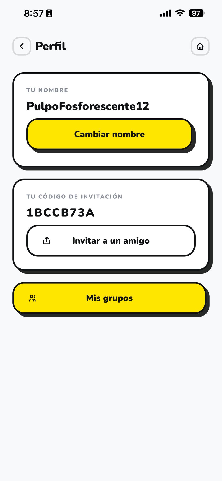 Pantalla de perfil, con el nickname y el código de invitación