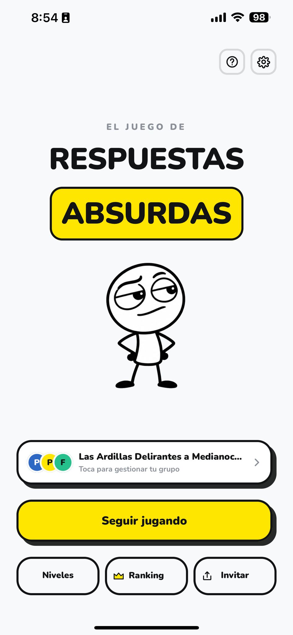 Pantalla de inicio de Respuestas Absurdas