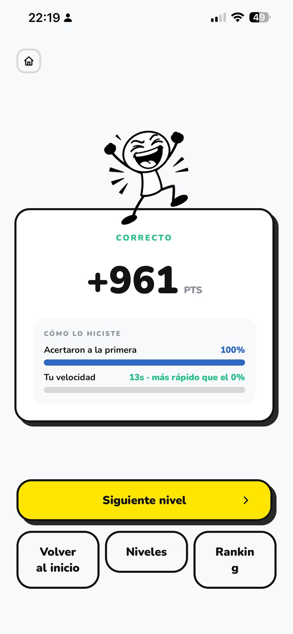 Pantalla de acierto, con la puntuación conseguida